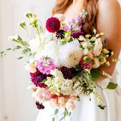 white and burgundy wedding flower bouquet